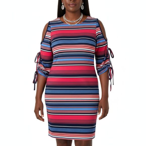 NWOT Cupio Colorful Striped Bodycon Cold Shoulder Dress w/ Tie Sleeves Sz M - Picture 2 of 13